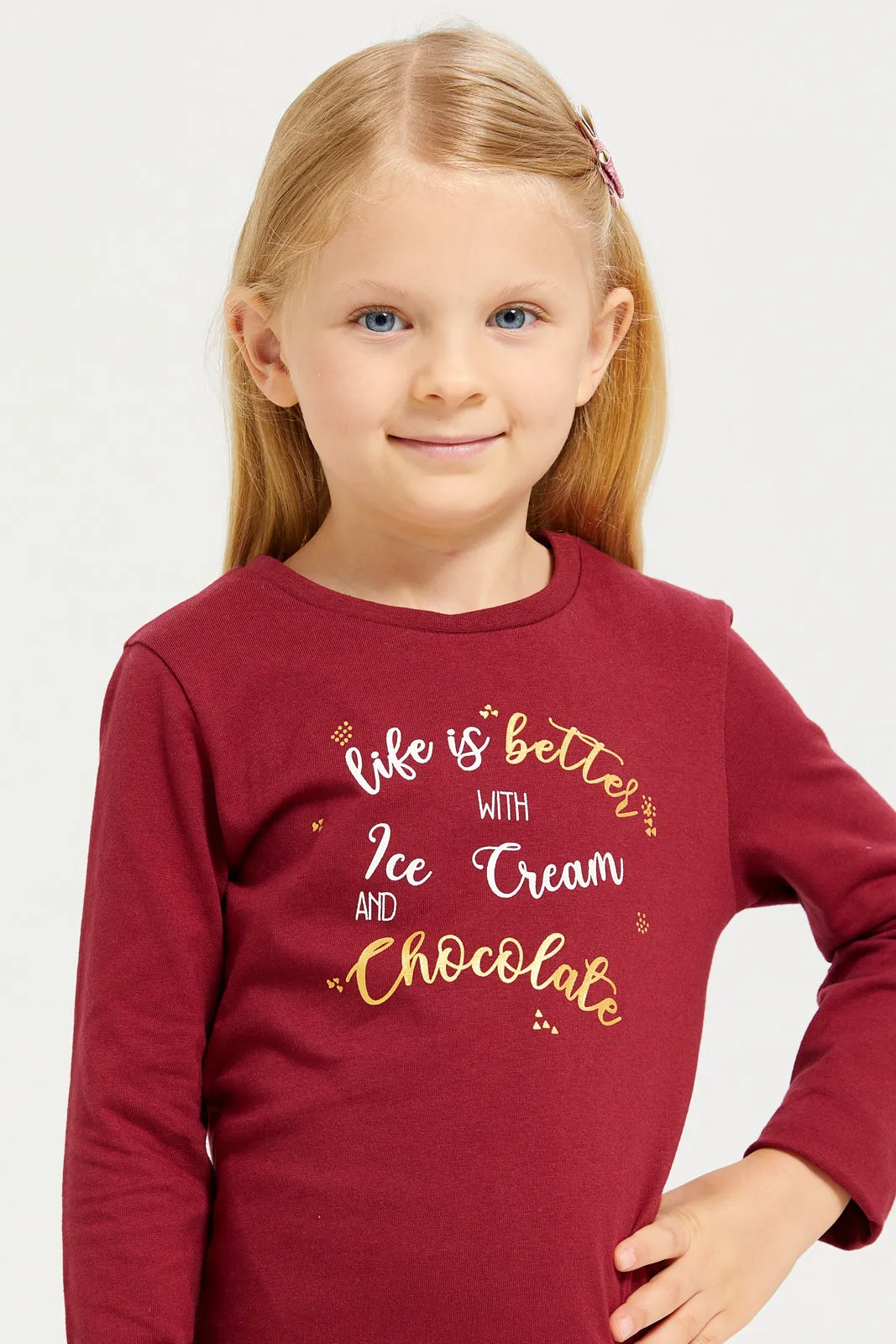 Girls Burgundy Printed T-Shirt