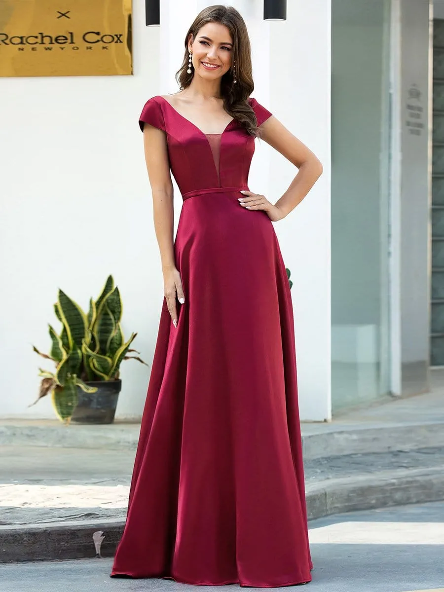 Gorgeous Deep Double V Neck Satin Prom Dress with Cap Sleeves