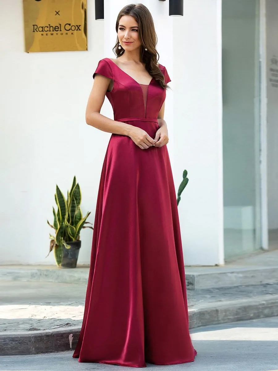 Gorgeous Deep Double V Neck Satin Prom Dress with Cap Sleeves