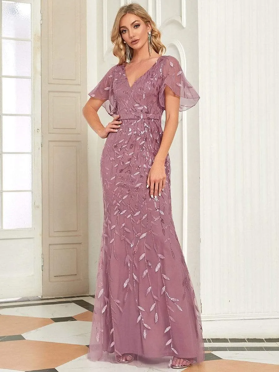 Gorgeous V Neck Leaf-Sequined Fishtail Party Dress