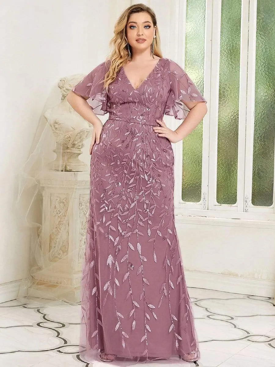 Gorgeous V Neck Leaf-Sequined Fishtail Party Dress