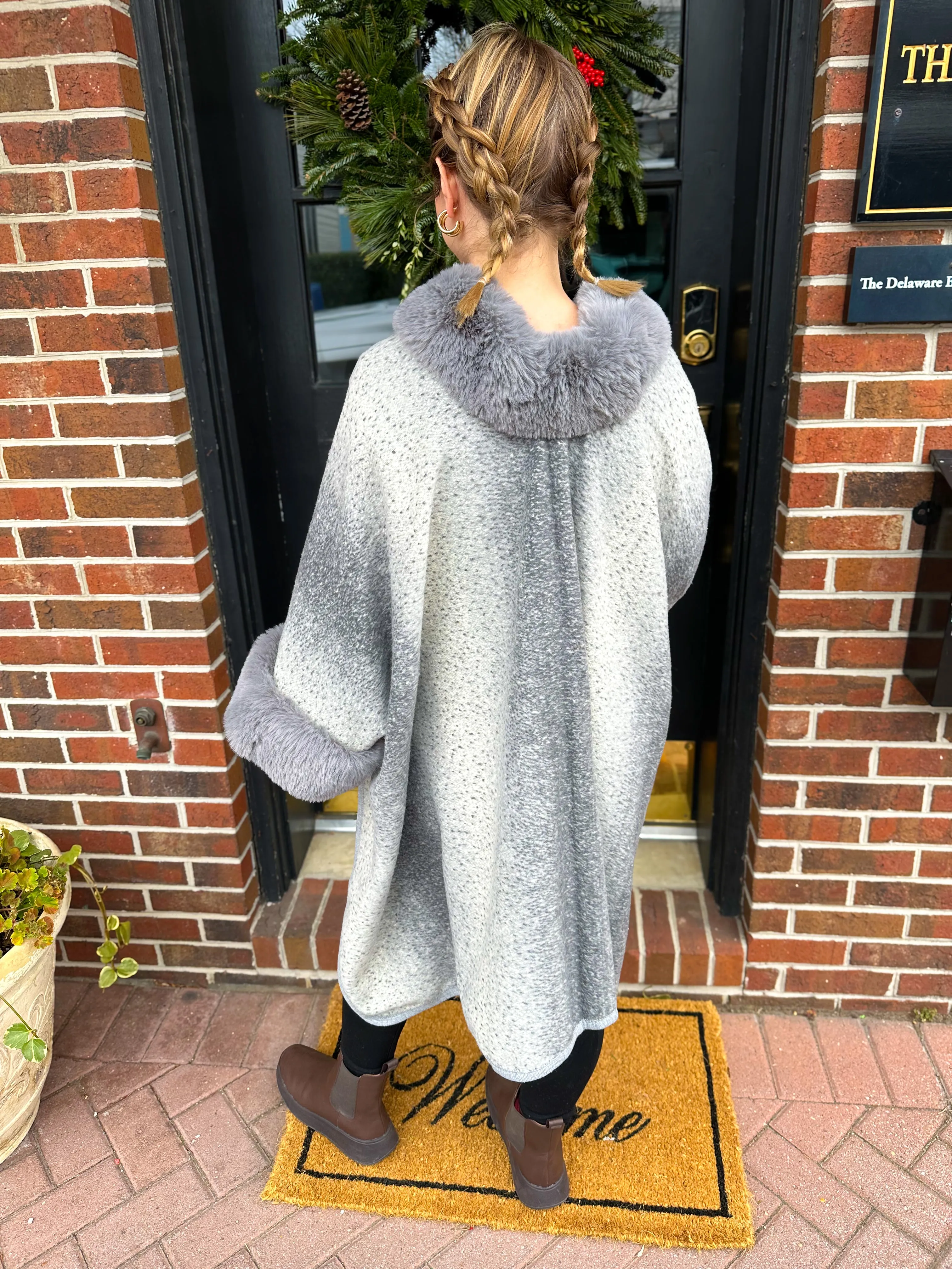 Grey and Cream Wrap with Faux Fur Trim