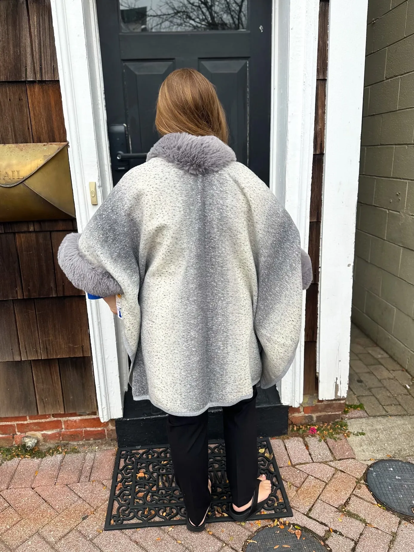 Grey and Cream Wrap with Faux Fur Trim