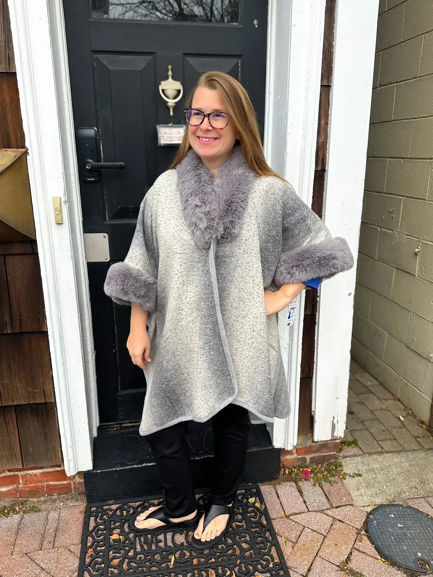 Grey and Cream Wrap with Faux Fur Trim