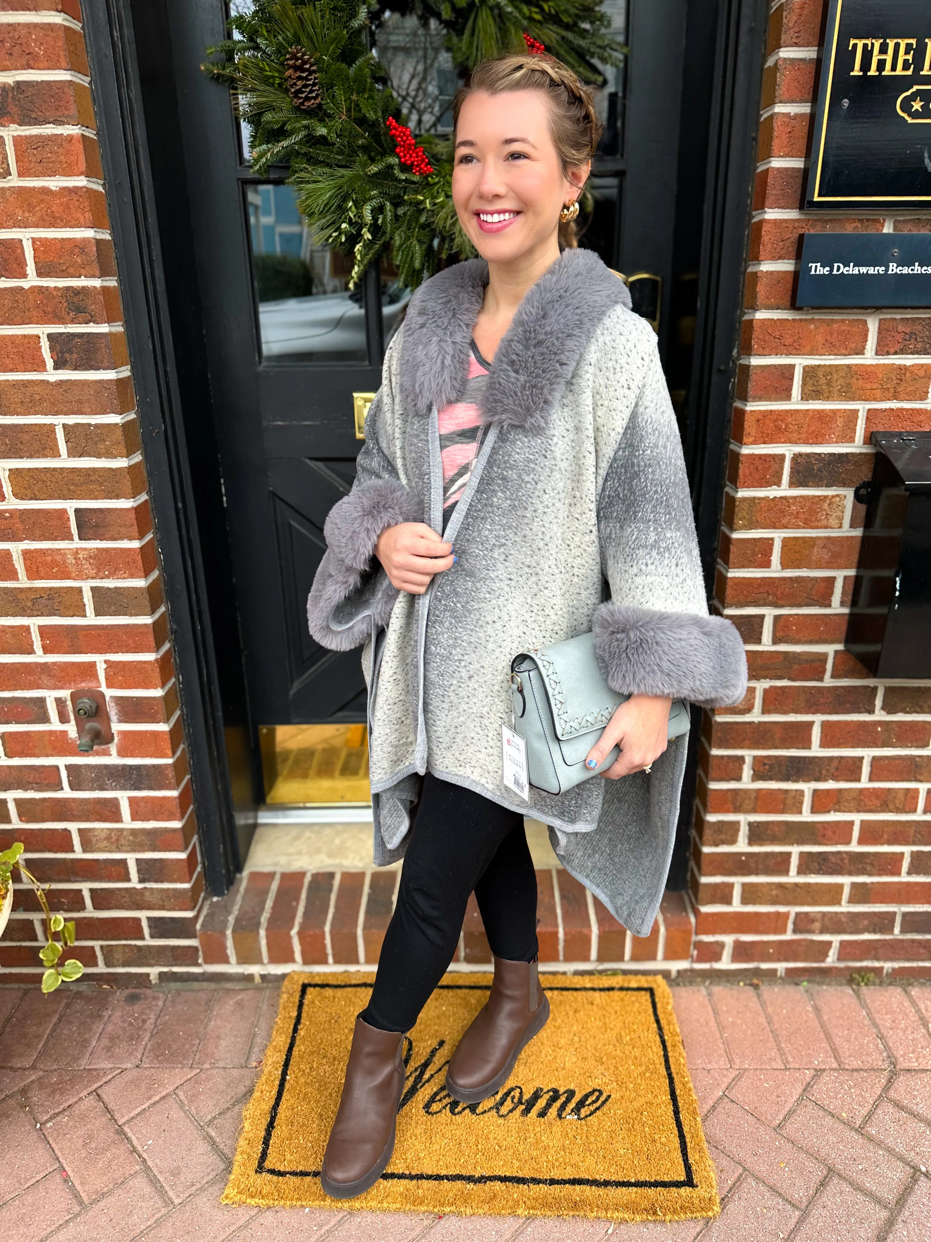 Grey and Cream Wrap with Faux Fur Trim