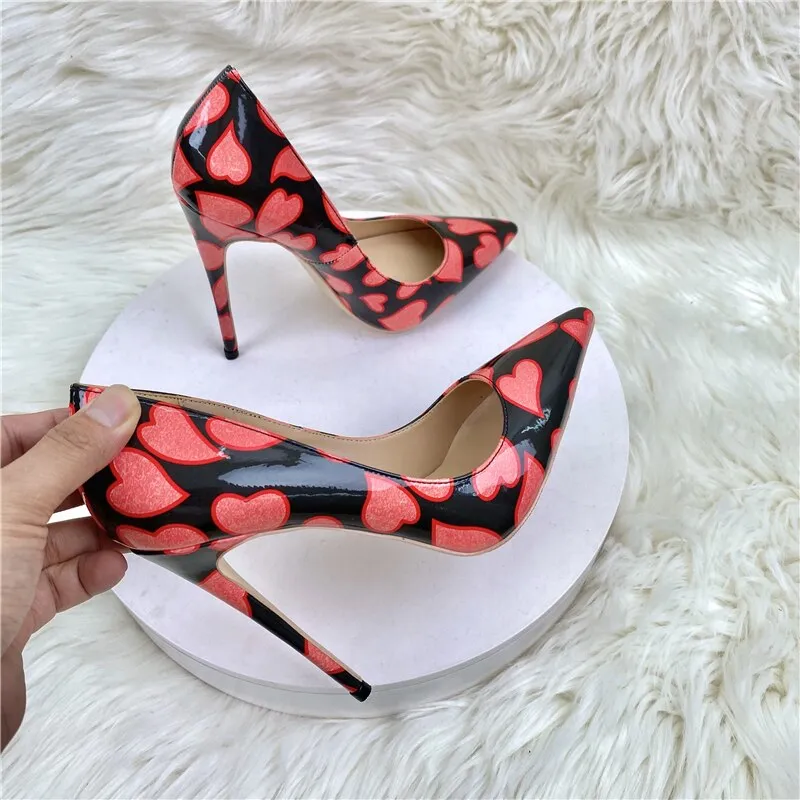 Heart Print Patent Pointed Toe Stiletto Pumps