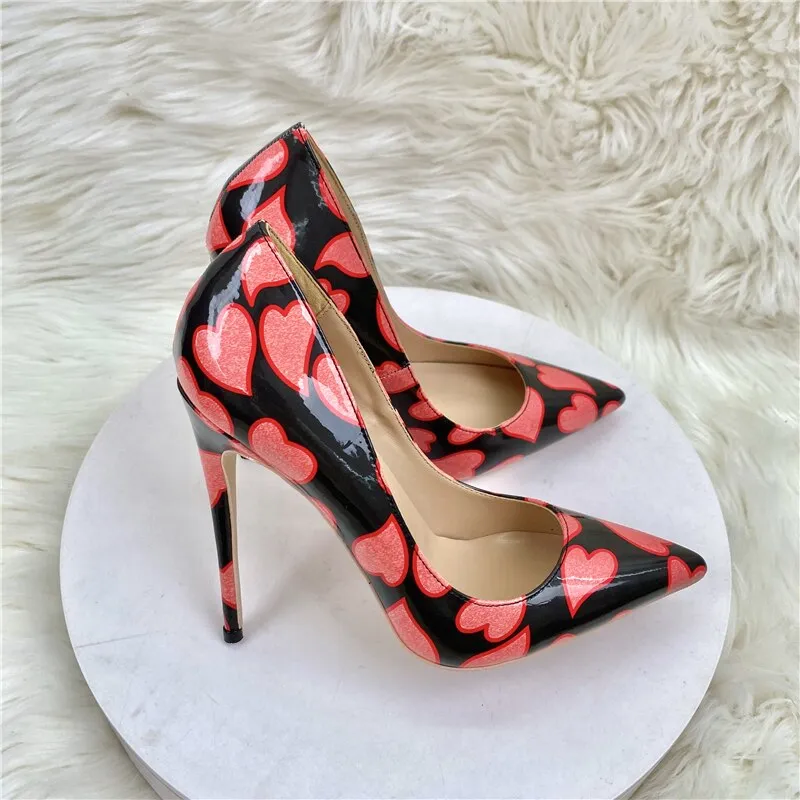 Heart Print Patent Pointed Toe Stiletto Pumps