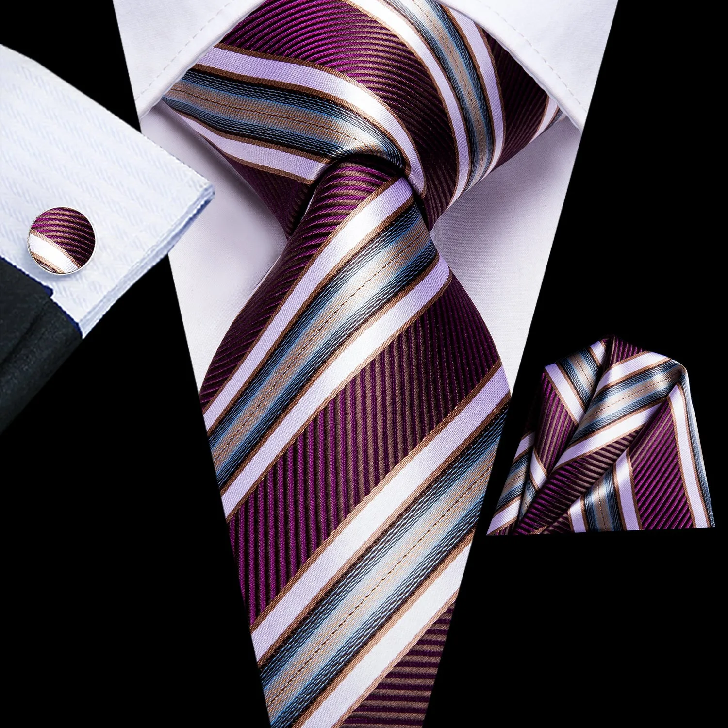 Hi-Tie Burgundy Red Necktie Striped Tie Pocket Square Cufflinks Set