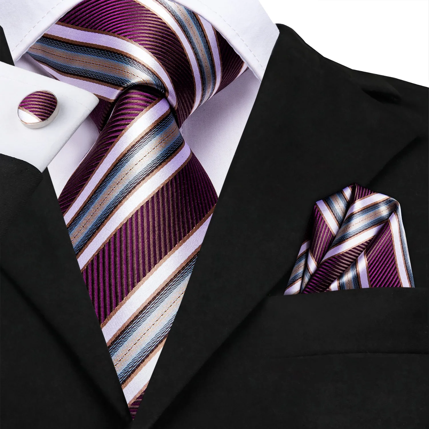 Hi-Tie Burgundy Red Necktie Striped Tie Pocket Square Cufflinks Set