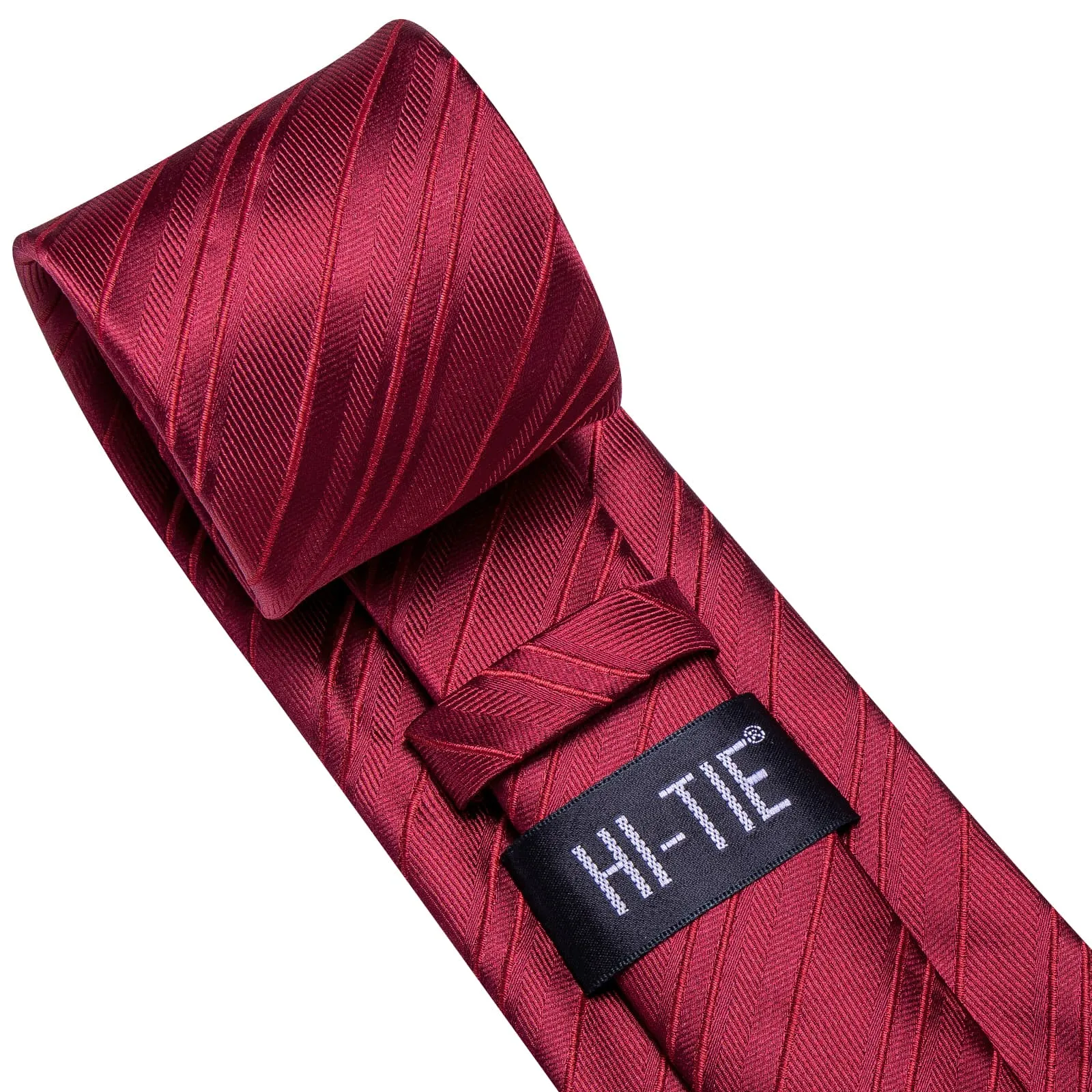 Hi-Tie Burgundy Red Striped Silk Mens Tie Handkerchief Cufflinks Set