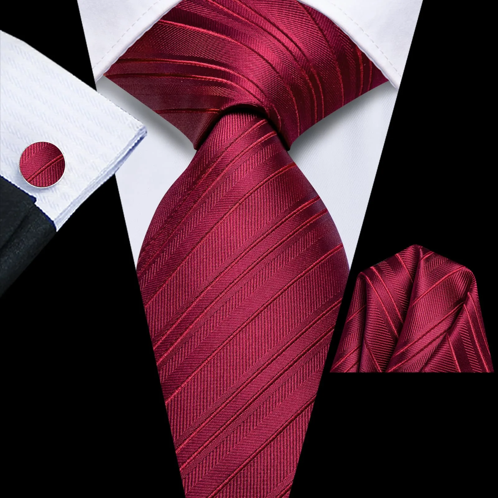 Hi-Tie Burgundy Red Striped Silk Mens Tie Handkerchief Cufflinks Set