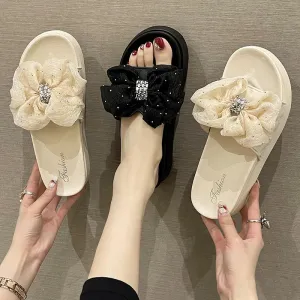 High-Grade Bow Slippers Women's Outdoor Summer Online Influencer Fashion Platform Heel Platform Height Increasing Non-Slip Beach Shoes