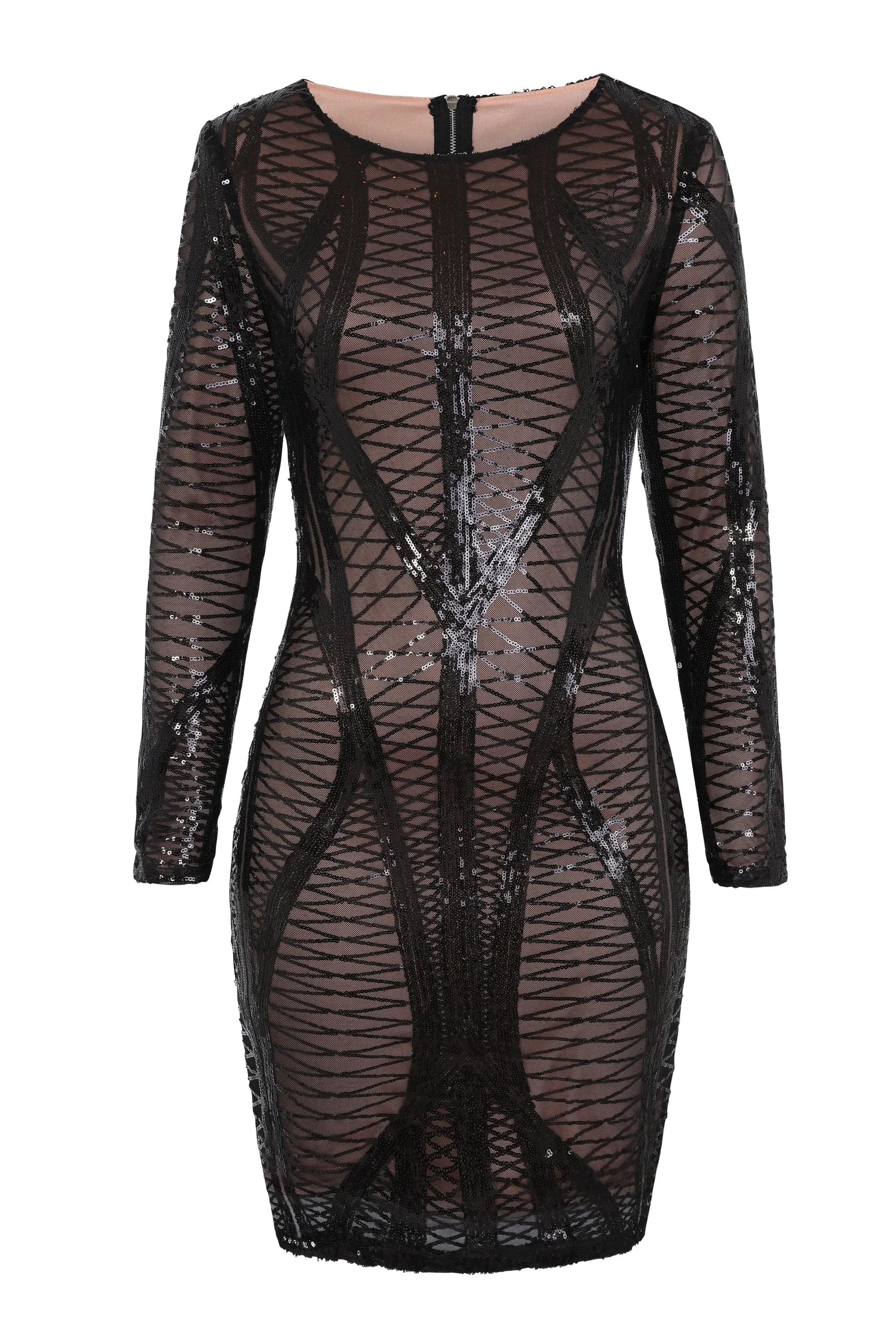 Hilton Luxe Black Dark Nude Cage Sequin Bandage Bodycon Illusion Dress