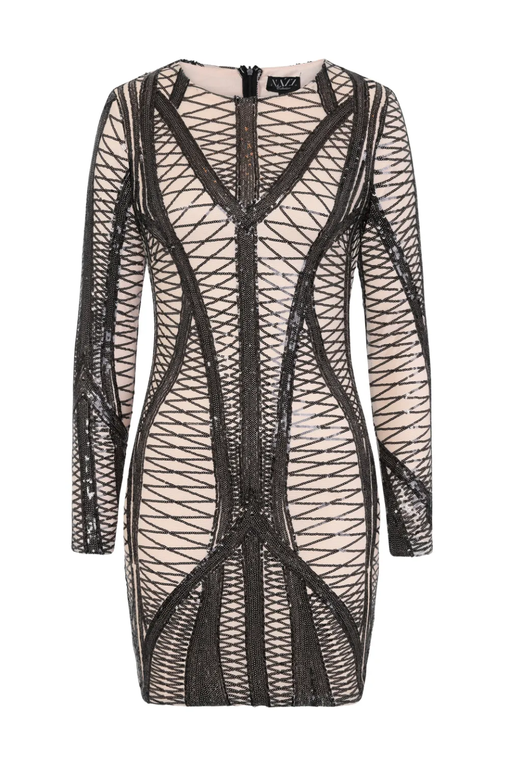 Hilton Luxe Black Nude Cage Sequin Bandage Illusion Dress