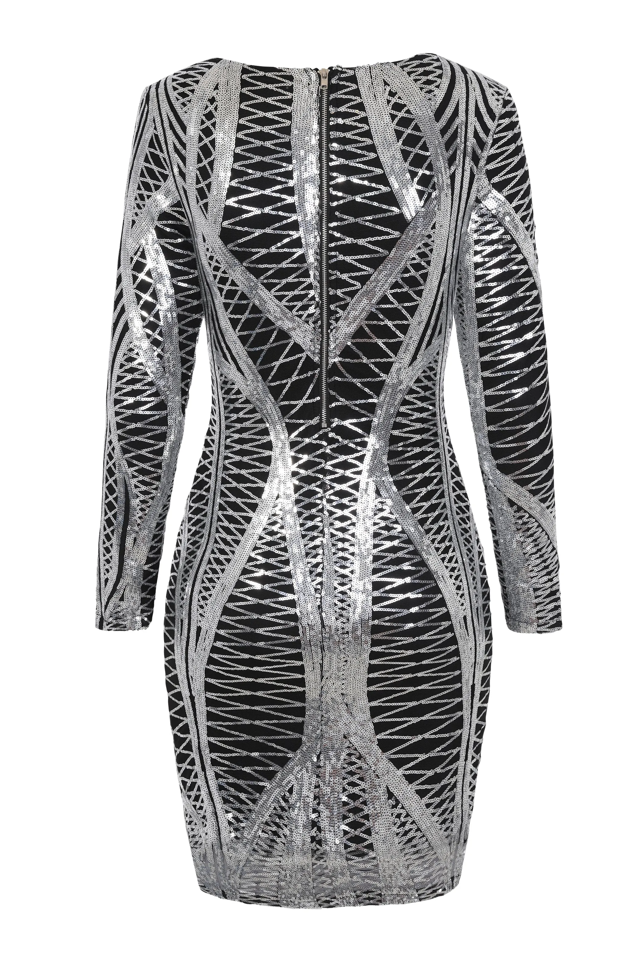 Hilton Luxe Black Silver Cage Sequin Bandage Bodycon Illusion Dress