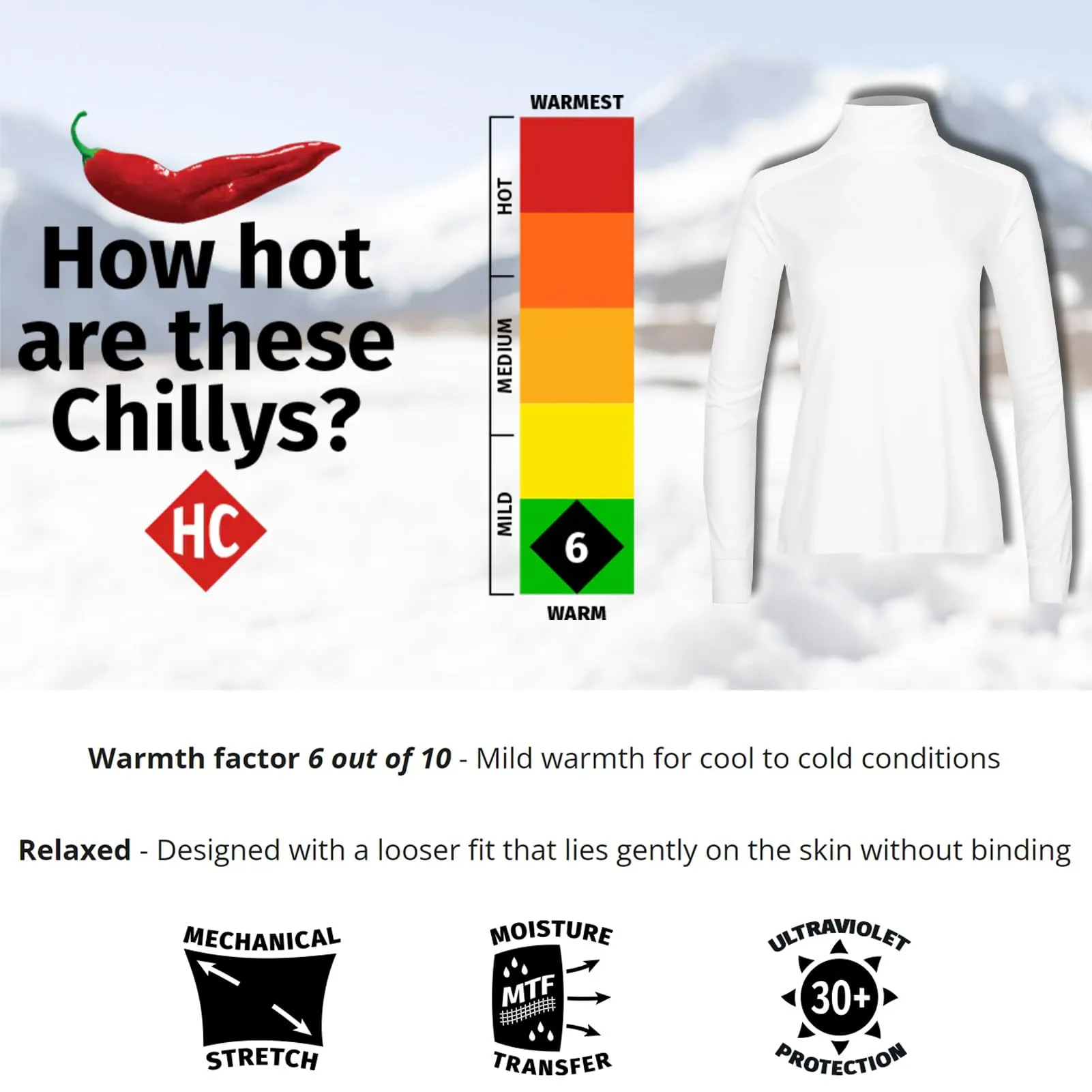 Hot Chillys Wopeach Skins Solid T-Neck Womens White Medium