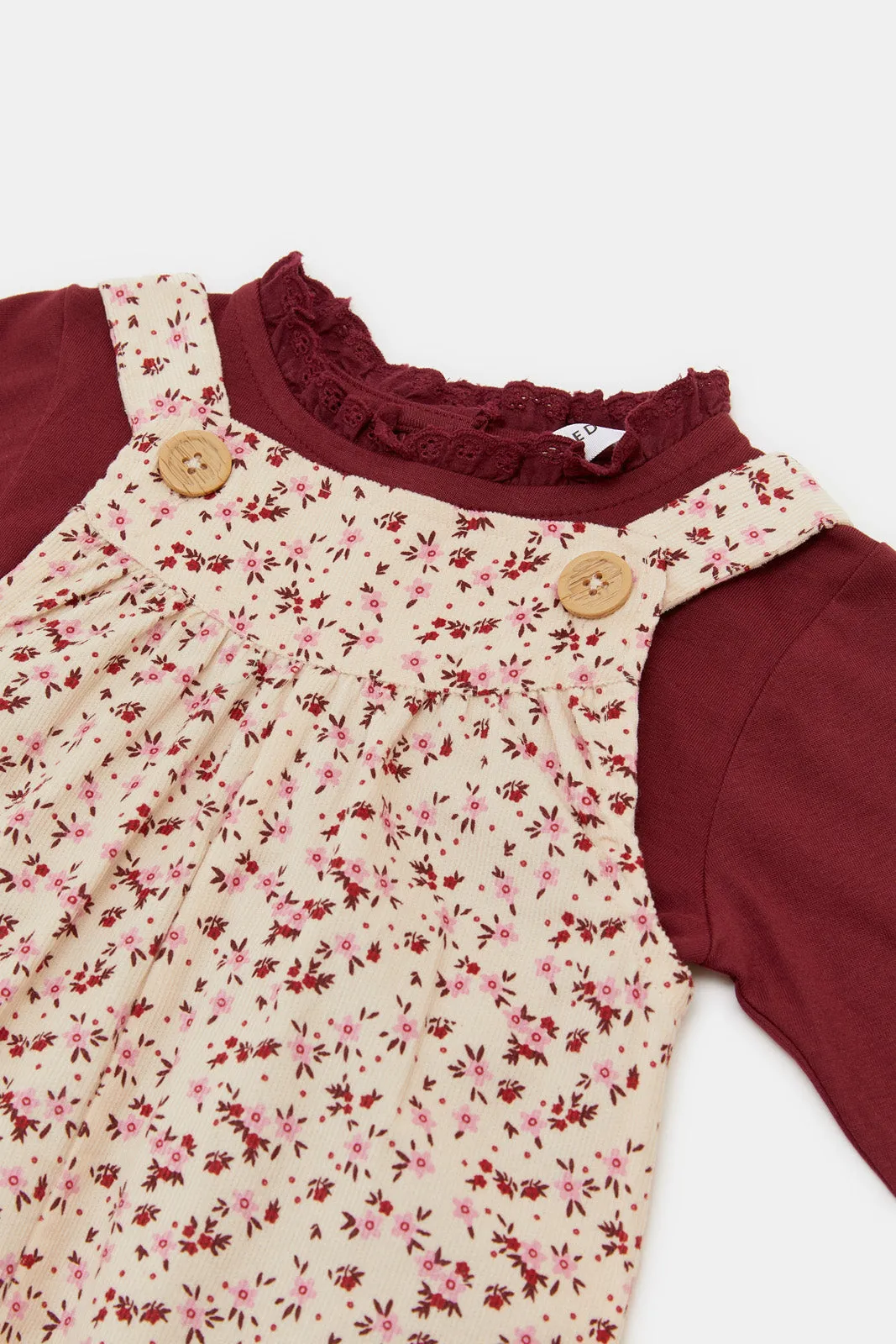 Infant Girls Burgundy And Pink Dungree Set (2 Piece)