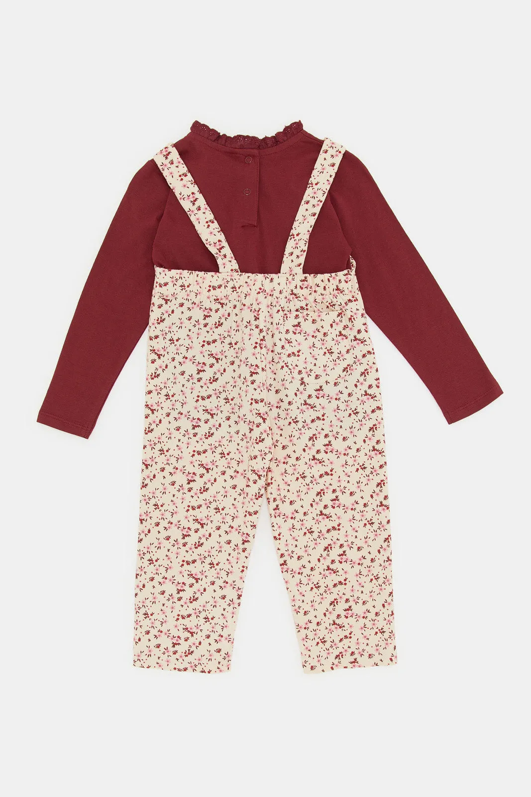 Infant Girls Burgundy And Pink Dungree Set (2 Piece)