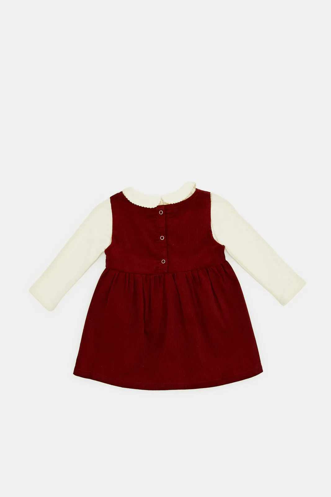 Infant Girls Burgundy Dungaree Dress With T-Shirt (2 Piece)