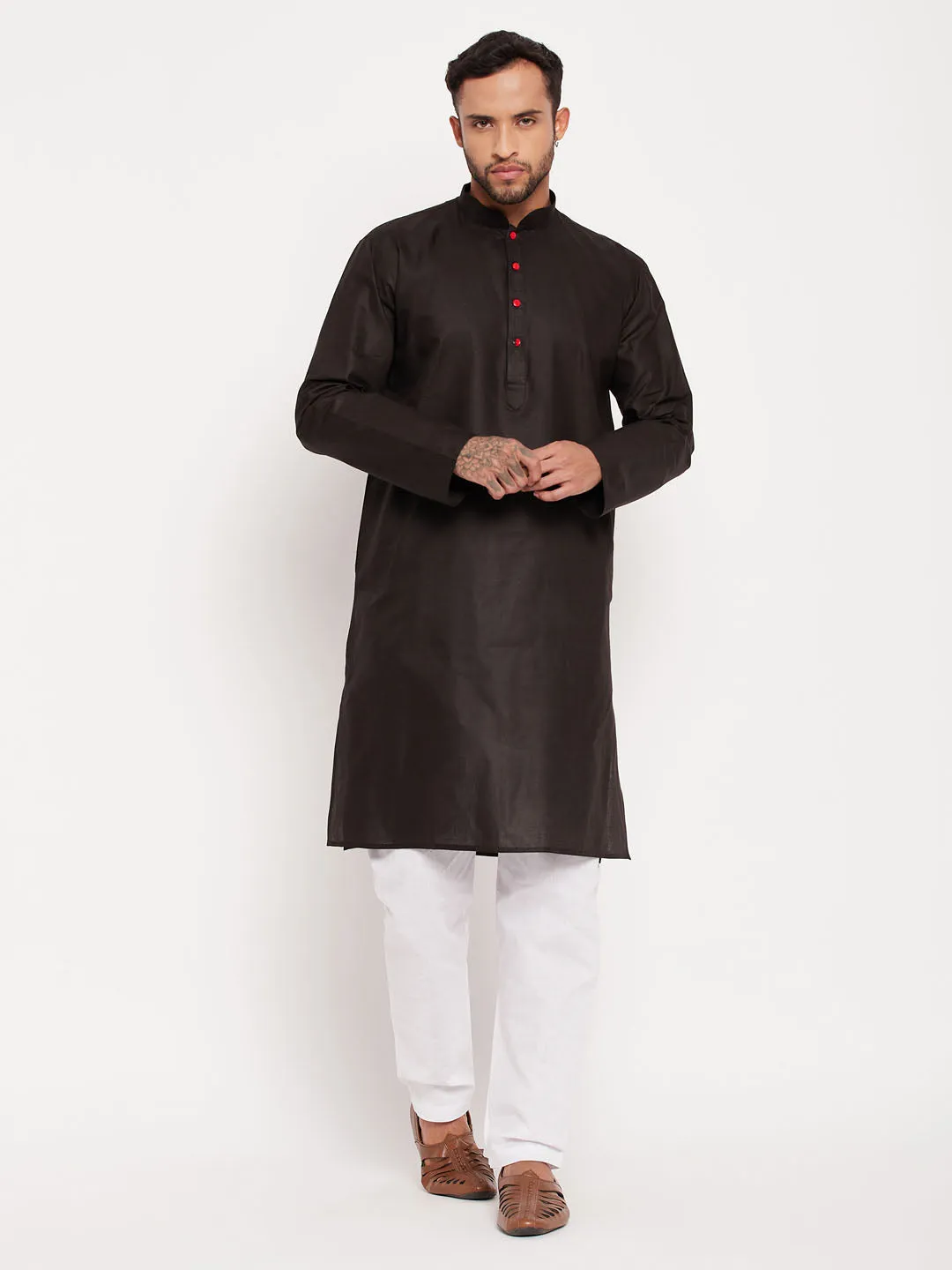 Jashvi Men's Black Cotton Kurta And White Pyjama Set