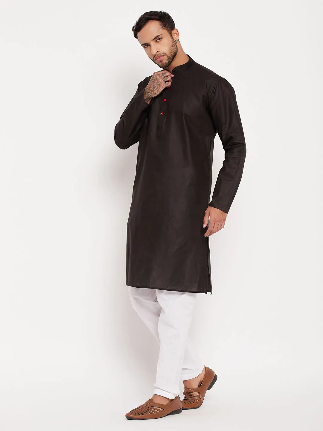 Jashvi Men's Black Cotton Kurta And White Pyjama Set