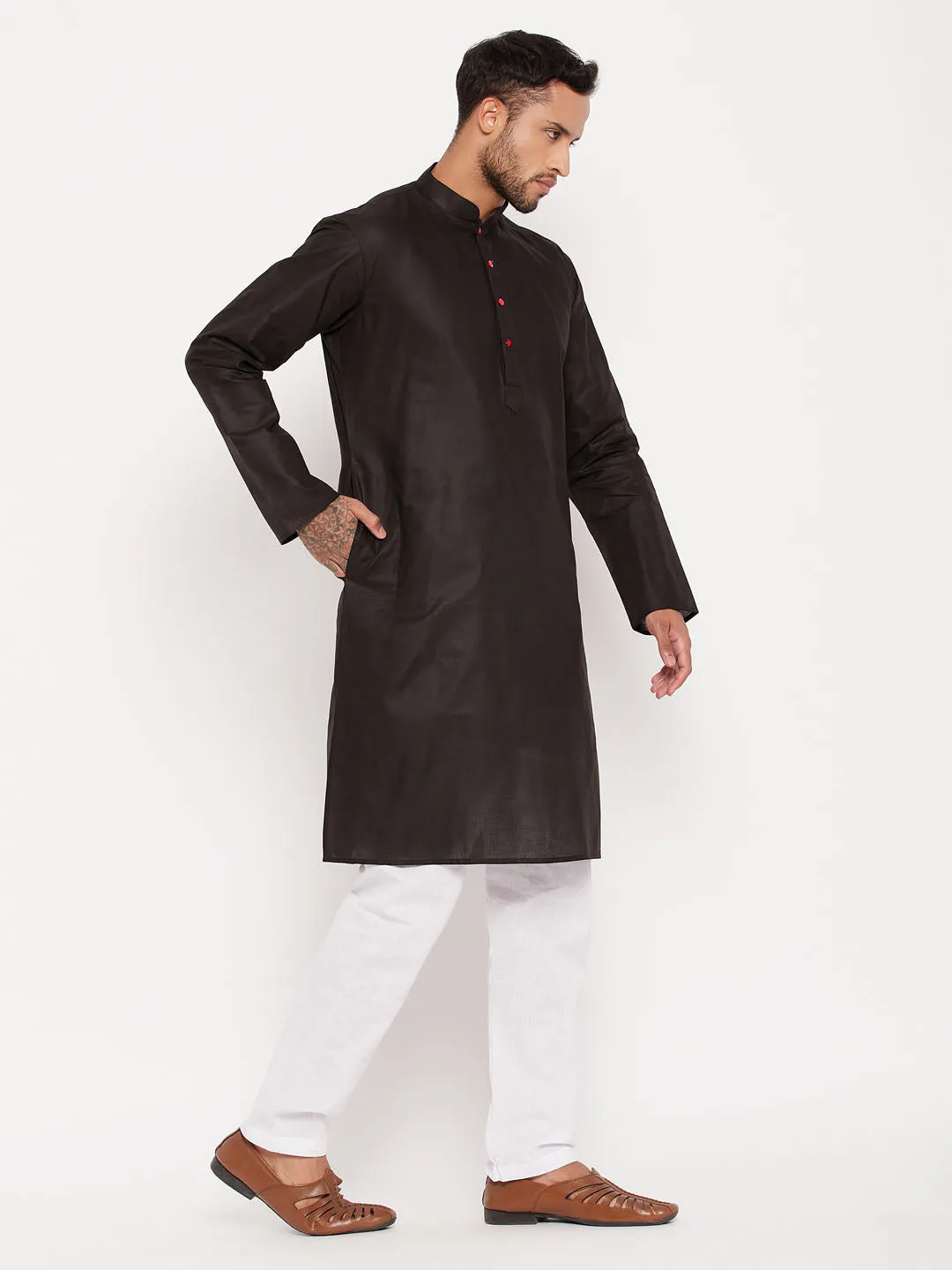 Jashvi Men's Black Cotton Kurta And White Pyjama Set