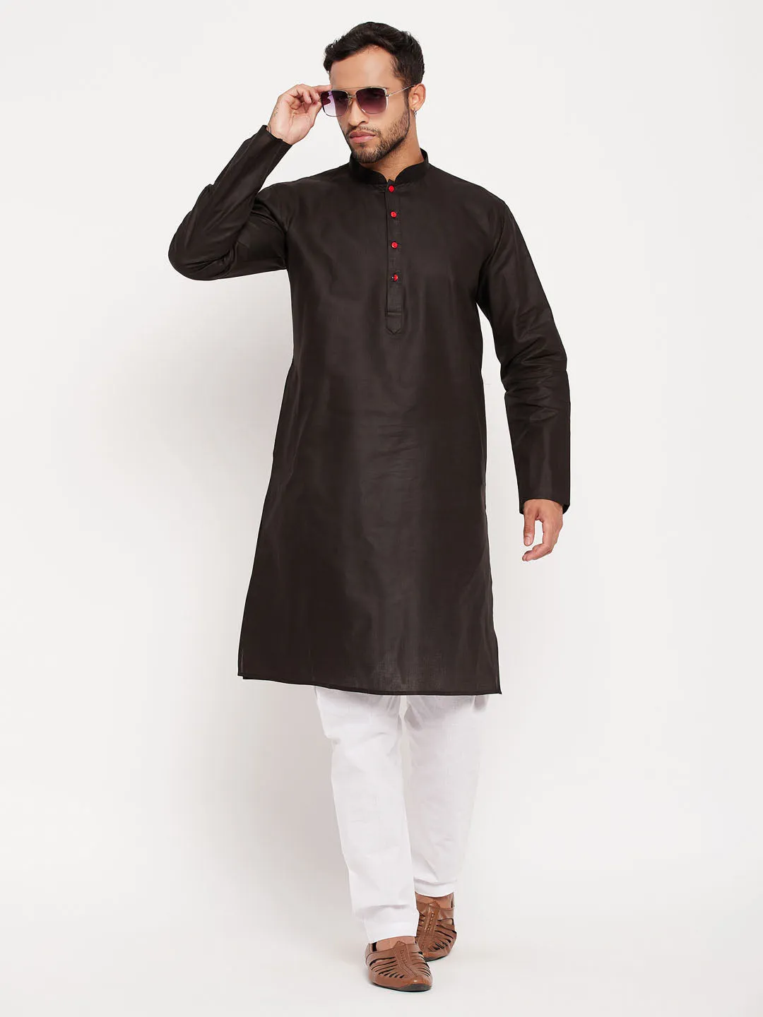 Jashvi Men's Black Cotton Kurta And White Pyjama Set