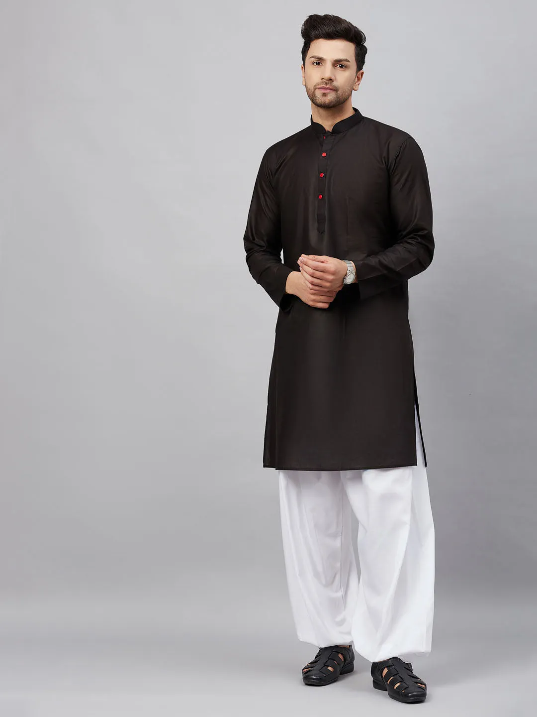 Jashvi Men's Black Kurta And White Patiala Set