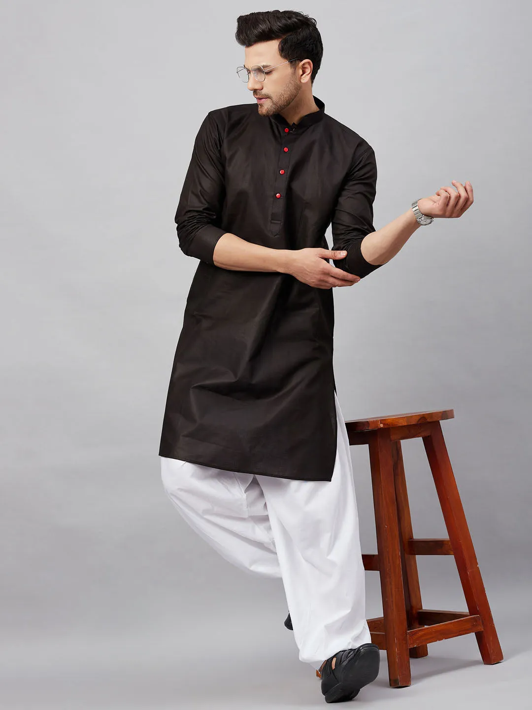 Jashvi Men's Black Kurta And White Patiala Set