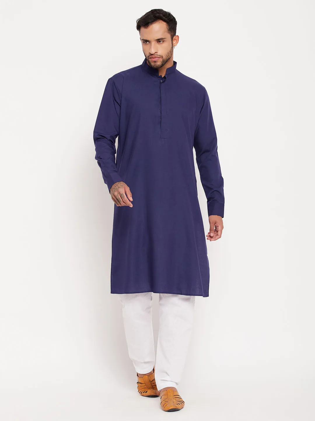 Jashvi Men's Blue Cotton Blend Kurta and White Pyjama Set