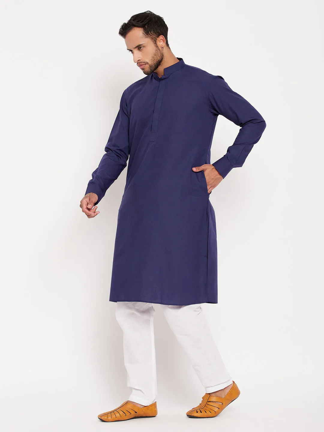 Jashvi Men's Blue Cotton Blend Kurta and White Pyjama Set