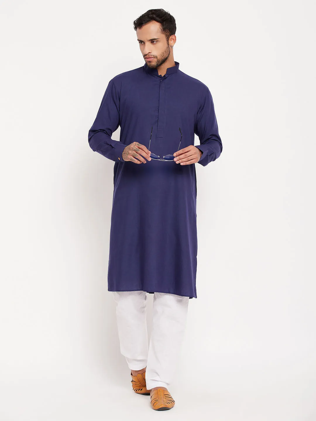 Jashvi Men's Blue Cotton Blend Kurta and White Pyjama Set