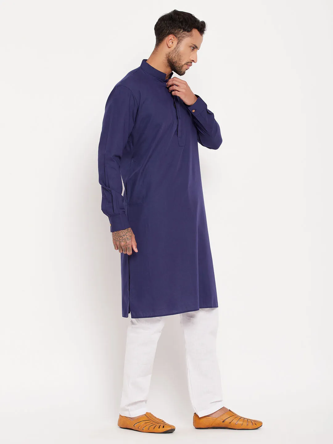 Jashvi Men's Blue Cotton Blend Kurta and White Pyjama Set