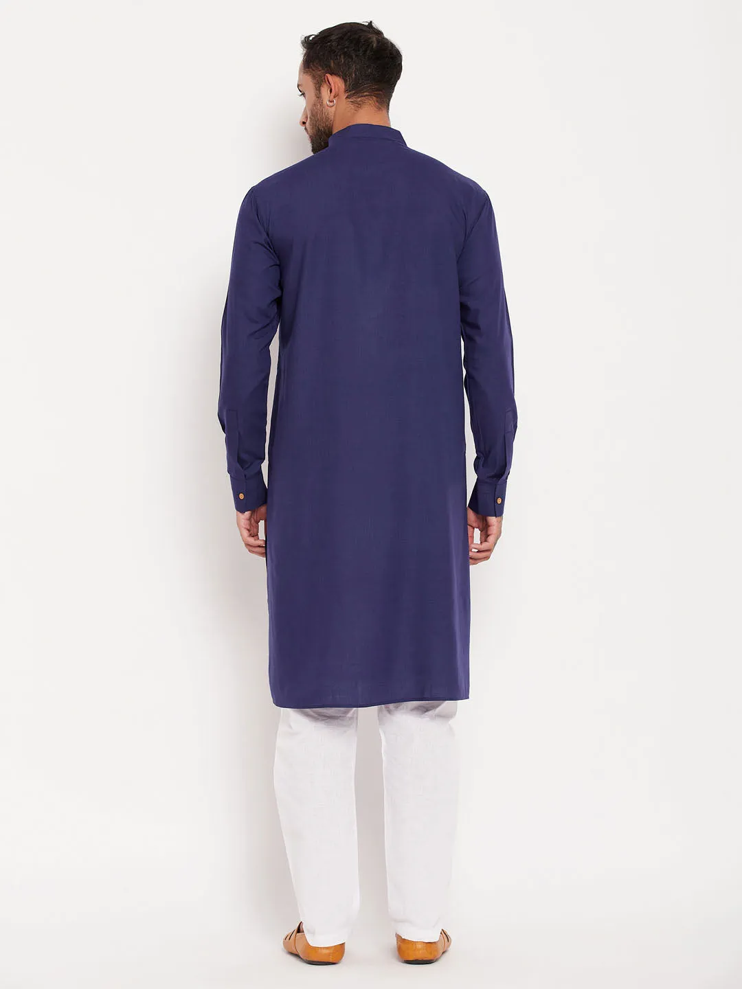 Jashvi Men's Blue Cotton Blend Kurta and White Pyjama Set