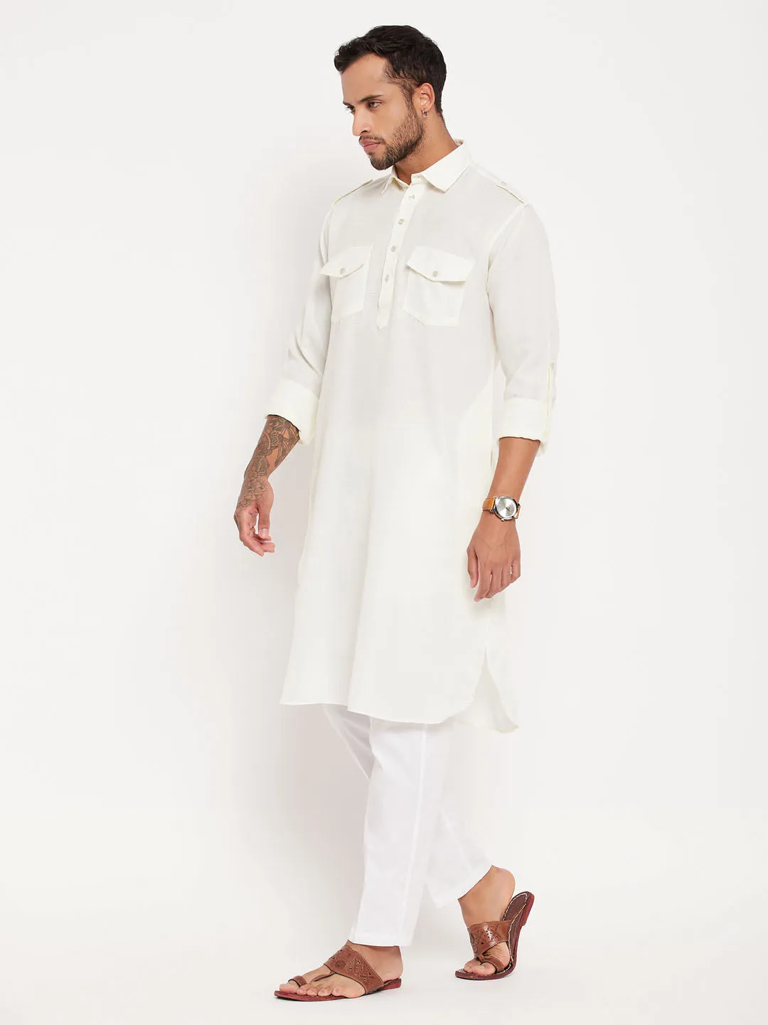 Jashvi Men's Cream Pathani Suit With White Pant Set