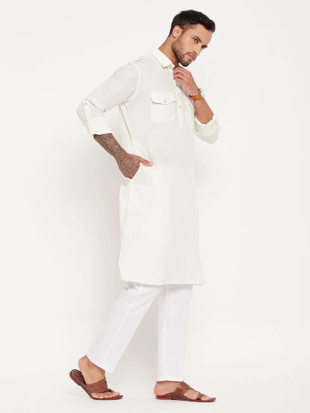 Jashvi Men's Cream Pathani Suit With White Pant Set