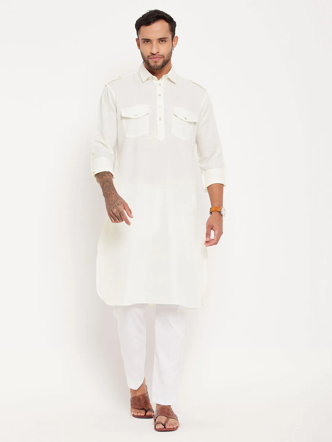 Jashvi Men's Cream Pathani Suit With White Pant Set