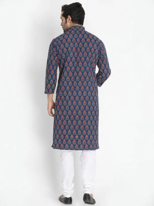 Jashvi Men's Dark Blue Cotton Blend Kurta and Churidar Set