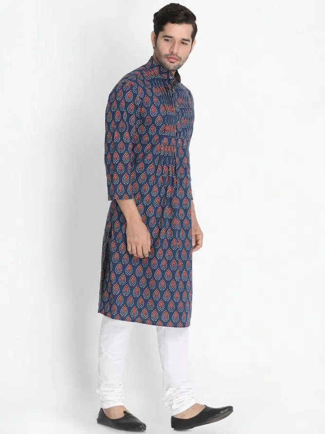 Jashvi Men's Dark Blue Cotton Blend Kurta and Churidar Set