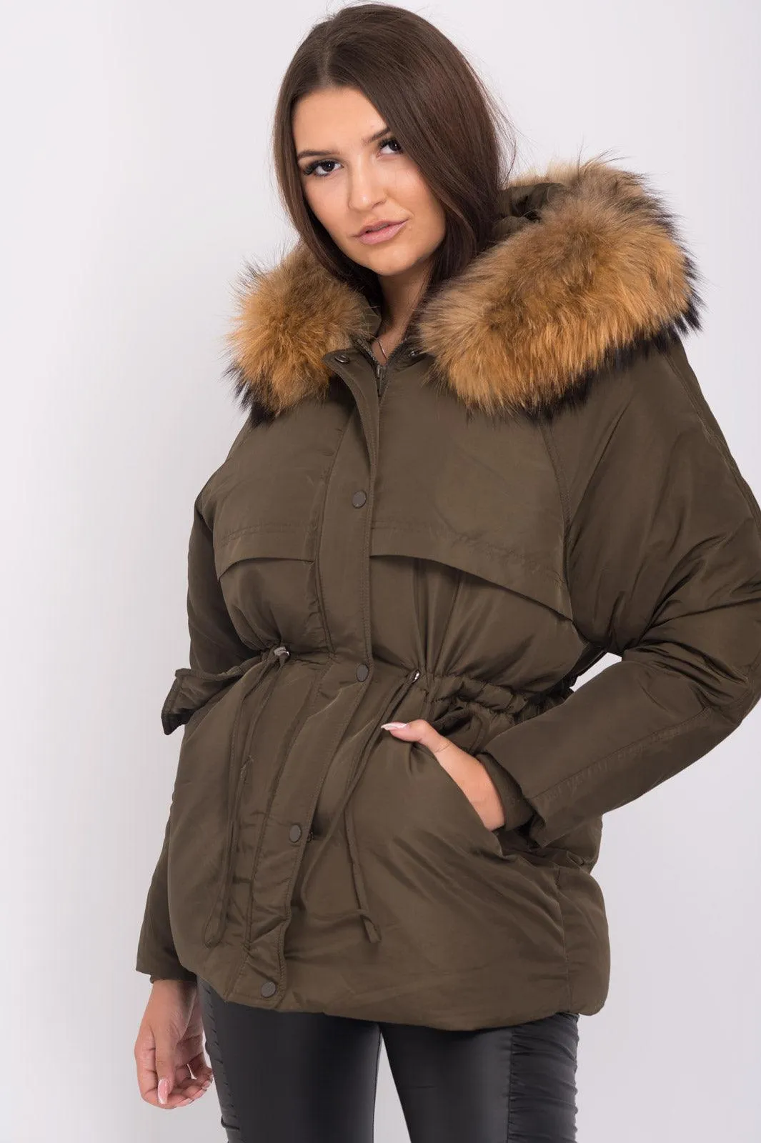 Khaki Luxury Fur Padded Stopper Drawstring Coat