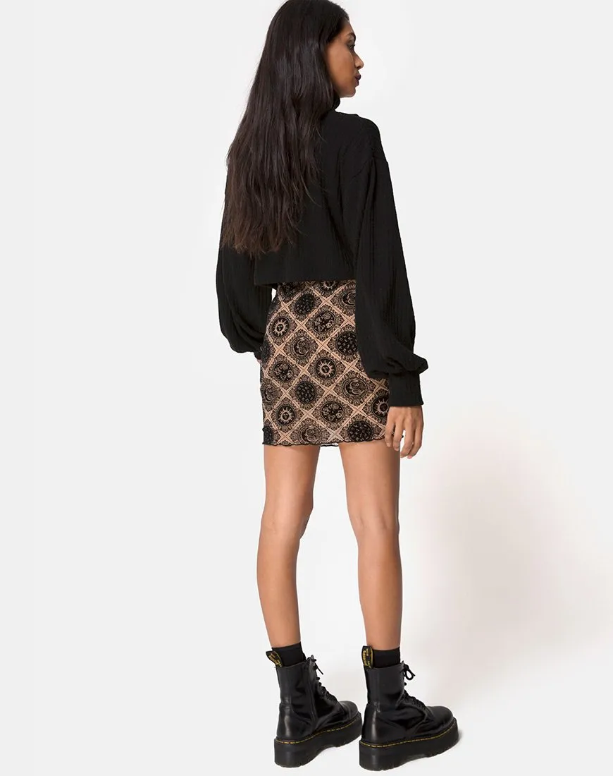 Kinnie Mini Skirt in Taupe Net with Black Sign Flock