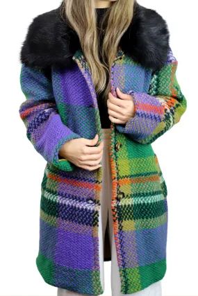 La Fiorentina Mid Length Plaid Wool Coat w/ Faux Fur Trim- Green/Black