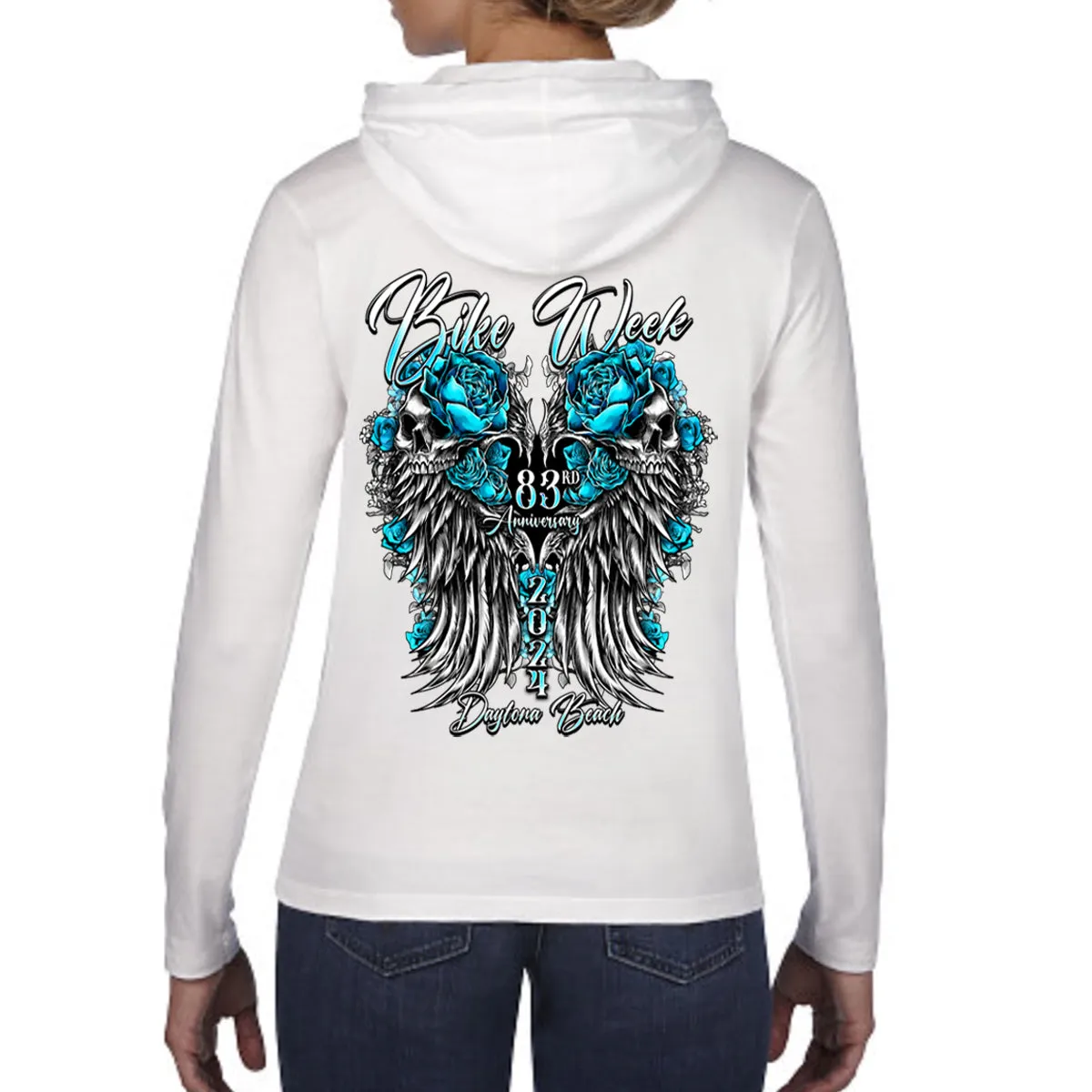 Ladies 2024 Bike Week Daytona Beach Rose Skull Wings Long Sleeve Hoodie