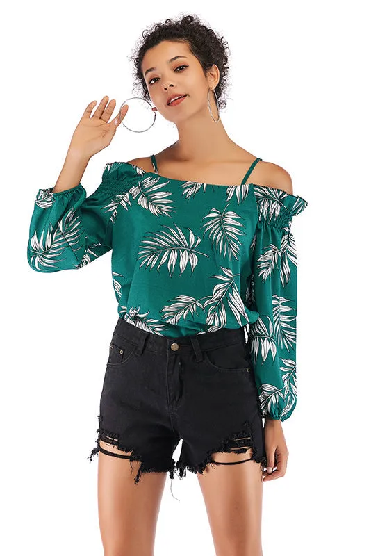 Leafy Print Off-the-shoulder Chiffon Blouse