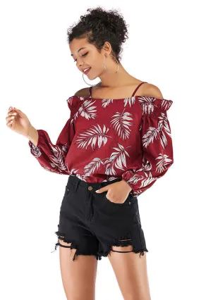 Leafy Print Off-the-shoulder Chiffon Blouse