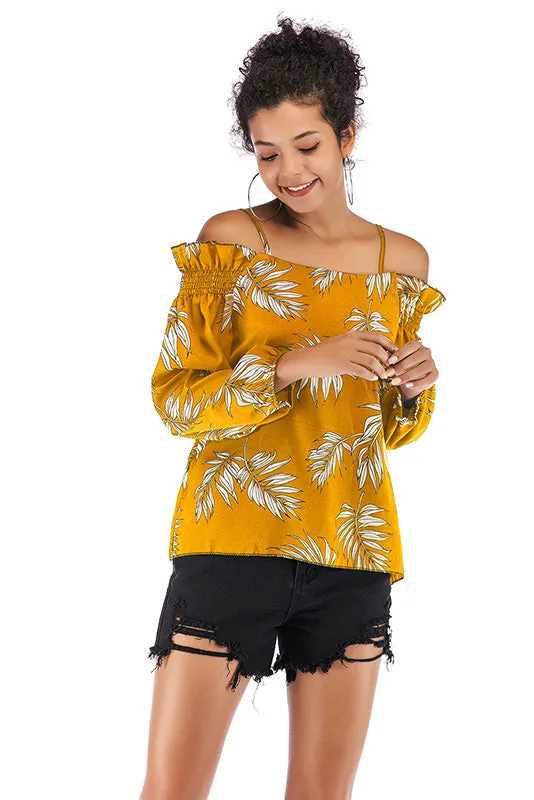 Leafy Print Off-the-shoulder Chiffon Blouse