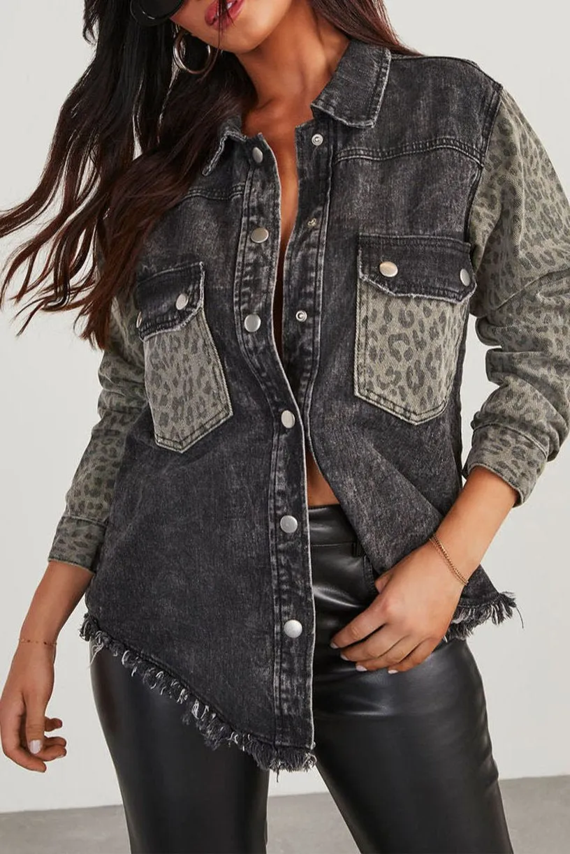 Leopard Denim Patchwork Raw Hem Jacket