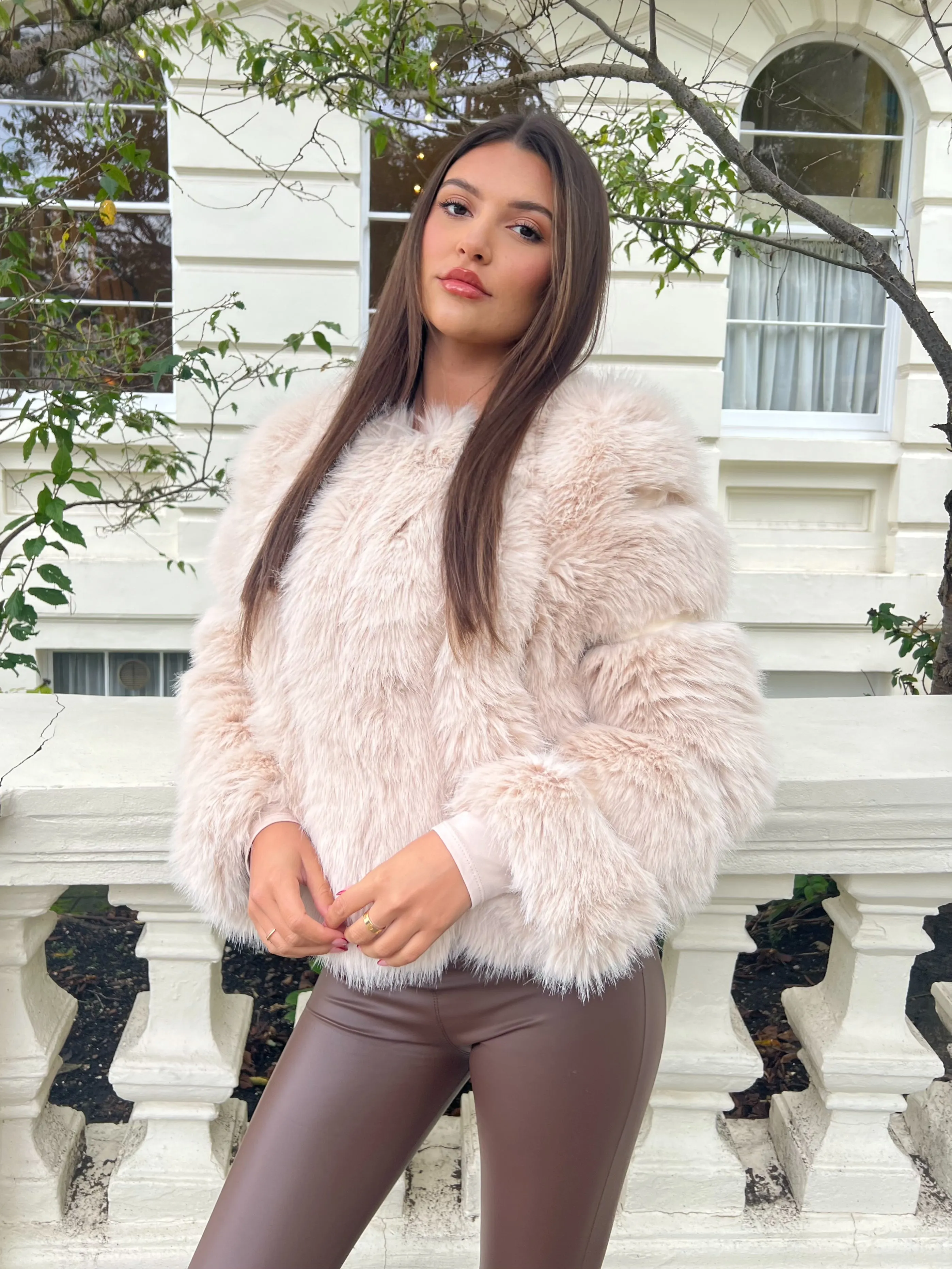 Light Beige Vertical Design Faux Fur Coat