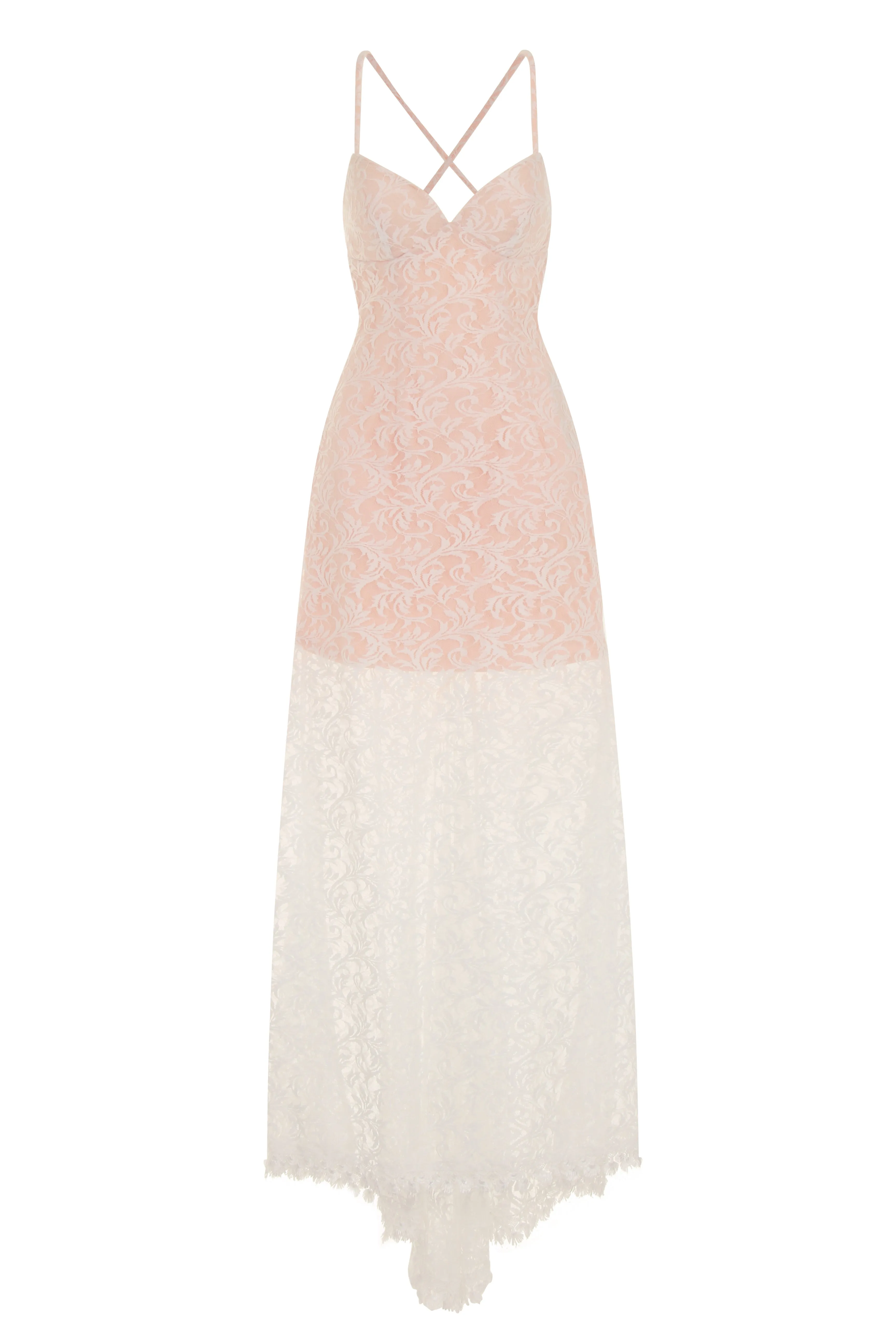 Lilly White Nude Sheer Lace Applique Fishtail Maxi Dress