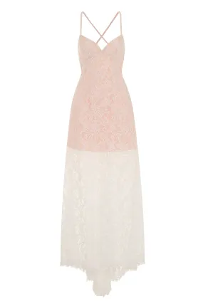 Lilly White Nude Sheer Lace Applique Fishtail Maxi Dress